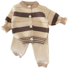 Gestreiftes Strickset für Babys (Jungen), bestehend aus Strickjacke und Hose – Weiches, warmes Winteroutfit für 3-6 Monate