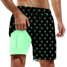 Men's 2 In 1 Athletic Shorts With Liner Summer Quick Dry Casual Workout Gym Beach Pants With Pockets Hawaii Printed Drawstring Trendy Trousers