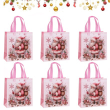 Lot de 6 sacs cadeaux de Noël roses avec poignées, sacs fourre-tout réutilisables en non-tissé pour cadeaux et souvenirs de fêtes de Noël,