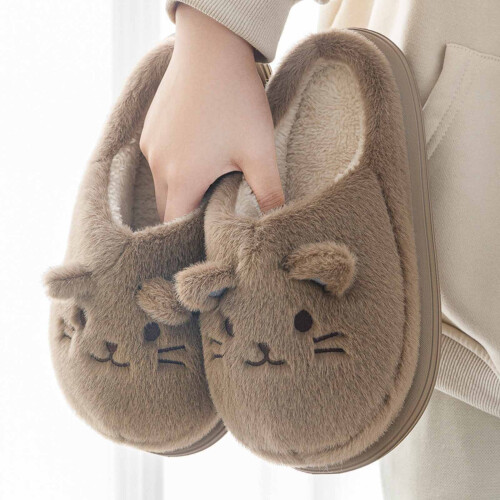 Cat Print Fleece-Lined Winter Slippers for Couples 1 Pair