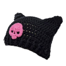 Modische Mütze für Damen und Mädchen, Ohrenstrickmütze, hübsche Totenkopfmütze, Häkelmütze, Punk-Totenkopfschmuck