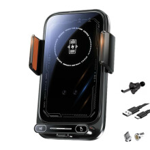 Suporte veicular para celular com sensor automático, liberação rápida, porta giratória, rotação USB e compatível com Android.