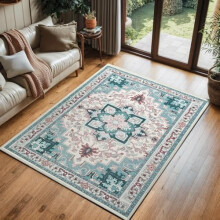 3x5 ft Machine Washable Area Rug, Soft Non-Slip Low Pile Vintage Boho Carpet for Living Room, Bedroom, Kitchen – Light Blue