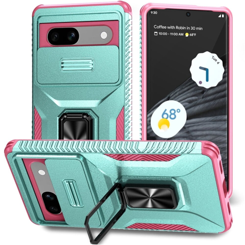 Slim Fit Shockproof Hybrid Case For Google Pixel 7A, Slide Camera Cover & Rotated Ring Kickstand, Military-Grade, Grey Green Green,Grey 9558633997071