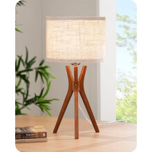 Mid Century Table Lamp, 17.5" Tripod Lamp with Wood Base & Beige Linen Shade, E26 Base – Bedroom, Living Room, Reading Room