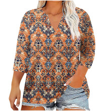 Top da donna taglie forti stile boho con stampa floreale, scollo a V, modello Henley con bottoni, tunica a maniche a 3/4, maglietta casual ampia,