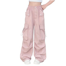Boys Girls Plain Cargo Pants with Pocket Hip Hop Elastic Waist Drawstring Athletic Joggers Casual Outdoor Trousers Pink 14-15 Years