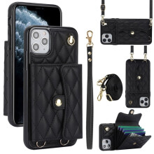 RFID-Blocking Magnetic Flip Wallet Case for iPhone 12/12 Pro – Multi-Card Slots, Detachable Shoulder & Wrist Straps, Black