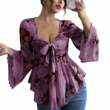 Blusa de gasa floral para mujer, ideal para fiestas y citas. Blusa sexy transparente con mangas acampanadas y lazo frontal. Blusa peplum para mujer.