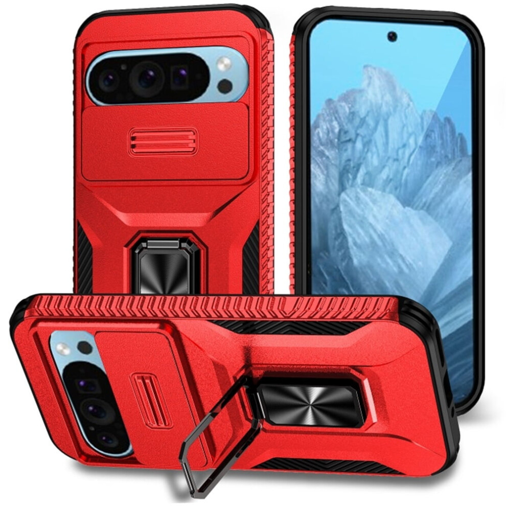 Slim Shockproof Hybrid Case For Google Pixel 9 / 9 Pro 6.3", With Slide Camera Cover & Rotated Ring Kickstand, Military-Grade, Red 9193271789147