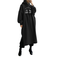 Damen-Maxikleid mit Kapuze, locker geschnitten, langärmelig, mit Alphabet-Print, Kapuzenpullover, Schlitz am Saum und Taschen