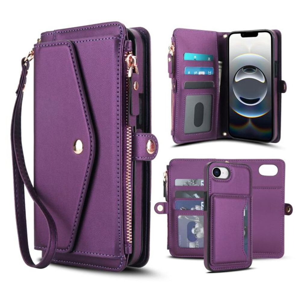 Iphone 16E Compatible Rfid-Blocking 2-In-1 Pu Leather Wallet Case With Magnetic Flip, Multi-Card Slots, Zipper Pocket, Detachable Shoulder & Wrist 9193271790853