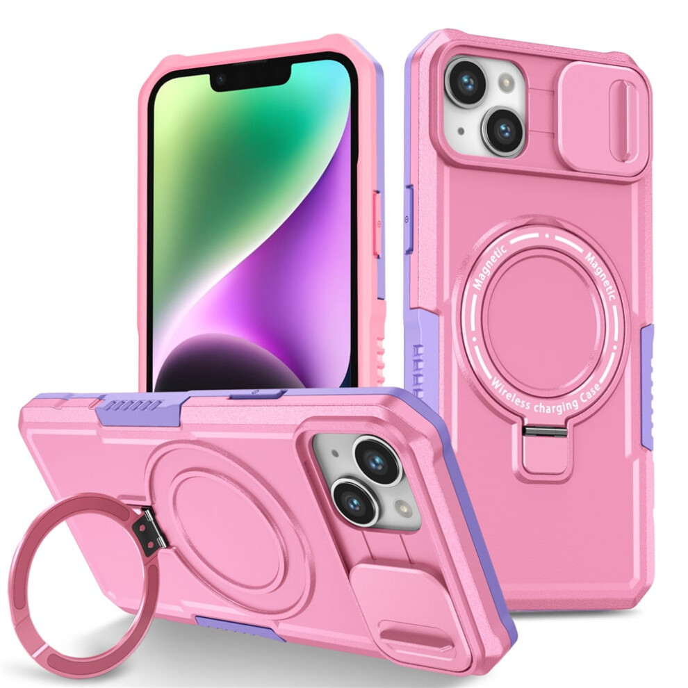 Shockproof Iphone 15 (6.1") Case With Sliding Camera Cover, Magsafe Compatible, Hidden Kickstand & Ring Holder Pink 9193271791119