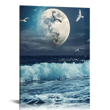 Moon Ocean Decor Beach Wall Art Seascape Painting Sea Canvas Poster Prints Landscape Plam Pictures Artwork for Living Room Decor Wall 12x16 in