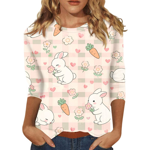 Easter Women's Top with 3/4 Sleeves and Rabbit Print