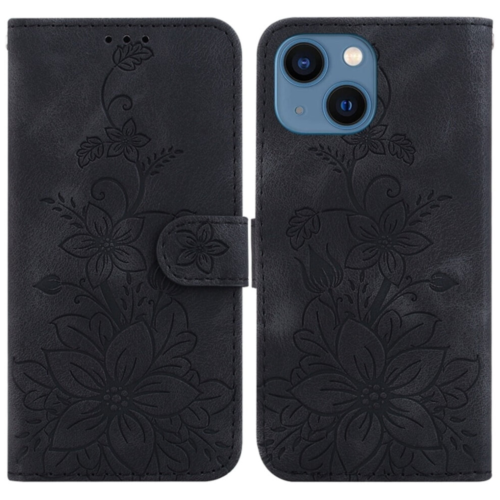 Iphone 14 Plus 6.7" Pu Leather Flip Wallet Case With Strong Magnetic Closure, Card Slots & Lily Embossed Design – Black 9418476650925