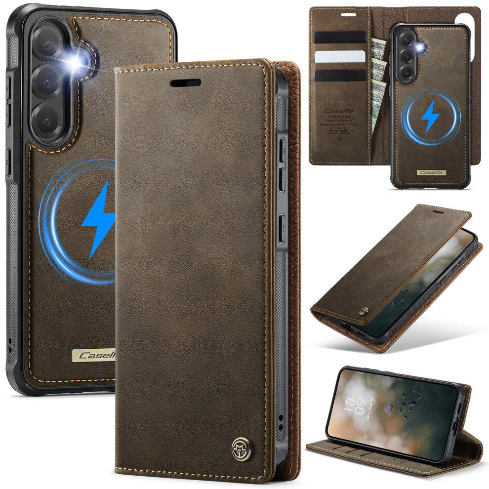 Caseme Wallet Case For Samsung Galaxy S23 Fe, Magsafe-Compatible, Rfid-Blocking, Flip Stand, Shockproof, Magnetic & Detachable Â Coffee Brown 9152228484894