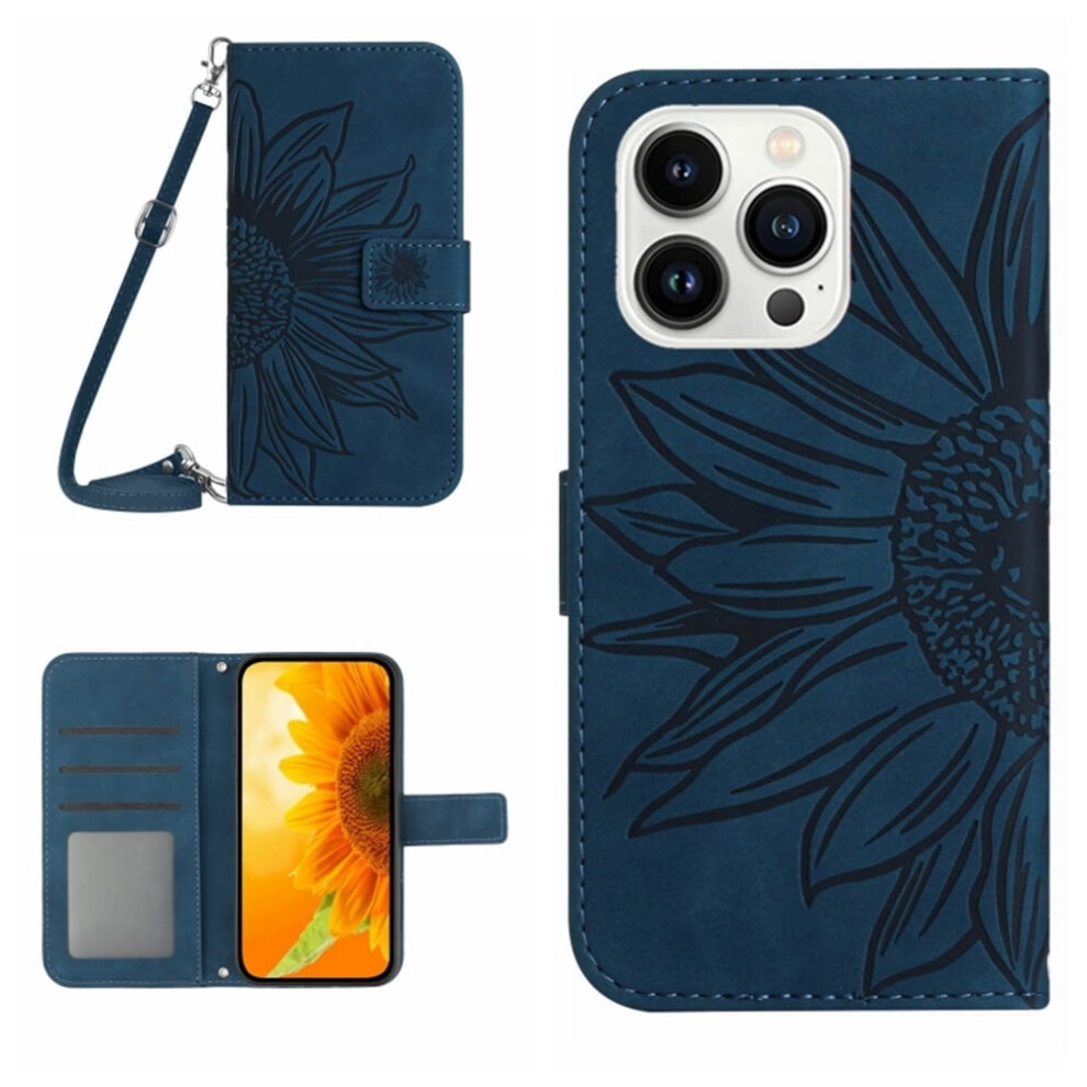 Sunflower Embossed Pu Leather Flip Wallet Case With Magnetic Closure, Card Slots & Hanging Rope, Â Compatible With Iphone 15 Pro 6.1" Blue 9152228485525