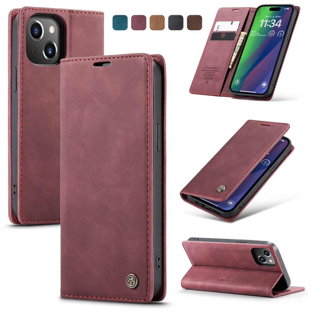 Caseme Leather Flip Wallet Case For Compatible With Iphone 15 – Wine Magnetic Closure, Card Holder, Shockproof, Kickstand Red 9152228486195