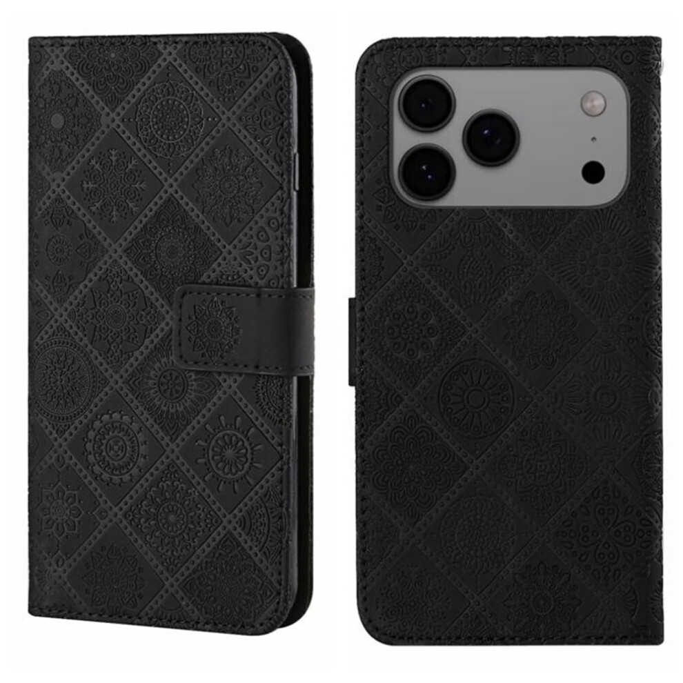 Compatible With Iphone 17 Pro Max 6.9" Pu Leather Flip Wallet Case Â Ethnic Embossed, Strong Magnetic Closure, Card Slots, Black 9152228485631