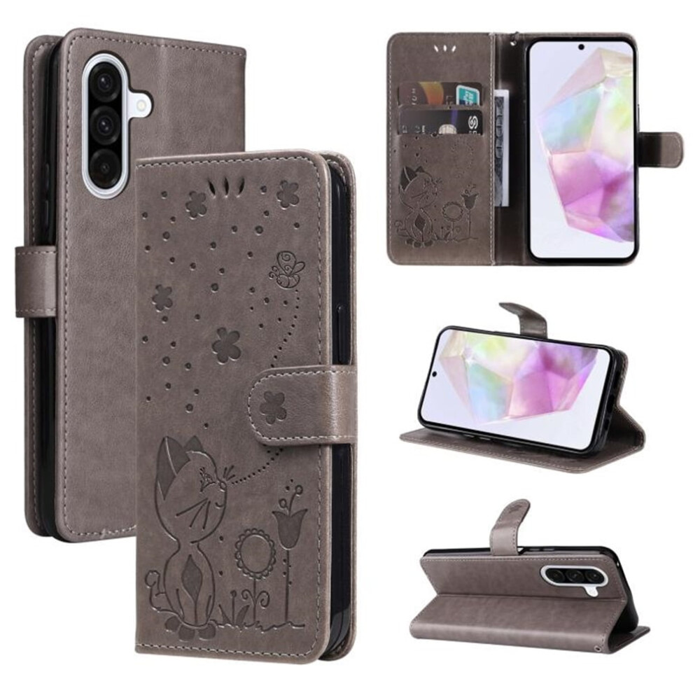 Compatible With Samsung Galaxy M56 5G / A36 5G 6.7" Pu Leather Flip Wallet Case Â Cat & Bee Embossed, Magnetic Closure, Card Slots, Grey 9152228486232