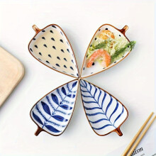 4pcs Leaf-Shaped Ceramic Serving Set – Dipping Bowls & Multi-Compartment Fruit Plate for Sushi, Snacks, Sauces – Ideal for Christmas, Weddings,