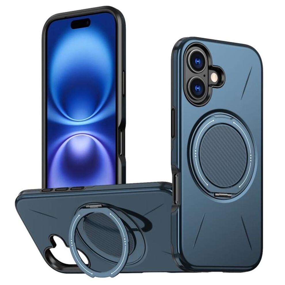 Ultra Slim Hybrid Tpu+Pc Case For Iphone 16: Magsafe Compatible, Metal Rotating Holder, Military Shockproof, Blue 9152228488571