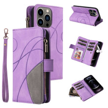 iPhone 12 Pro portemonneehoesje met 9-kaartshouder, ritsvak, magnetische sluiting, PU-leren folio en polsbandje – Paars