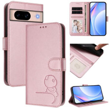 Roze leren telefoonhoesje met panda-reliëf voor Google Pixel 8a – RFID-portemonnee, magnetische sluiting, draagkoord en standaard.