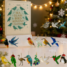 Calendrier de l'Avent 2025 en verre de mer – 24 décorations d'oiseaux artisanales, verre naturel lumineux, compte à rebours et décorations de