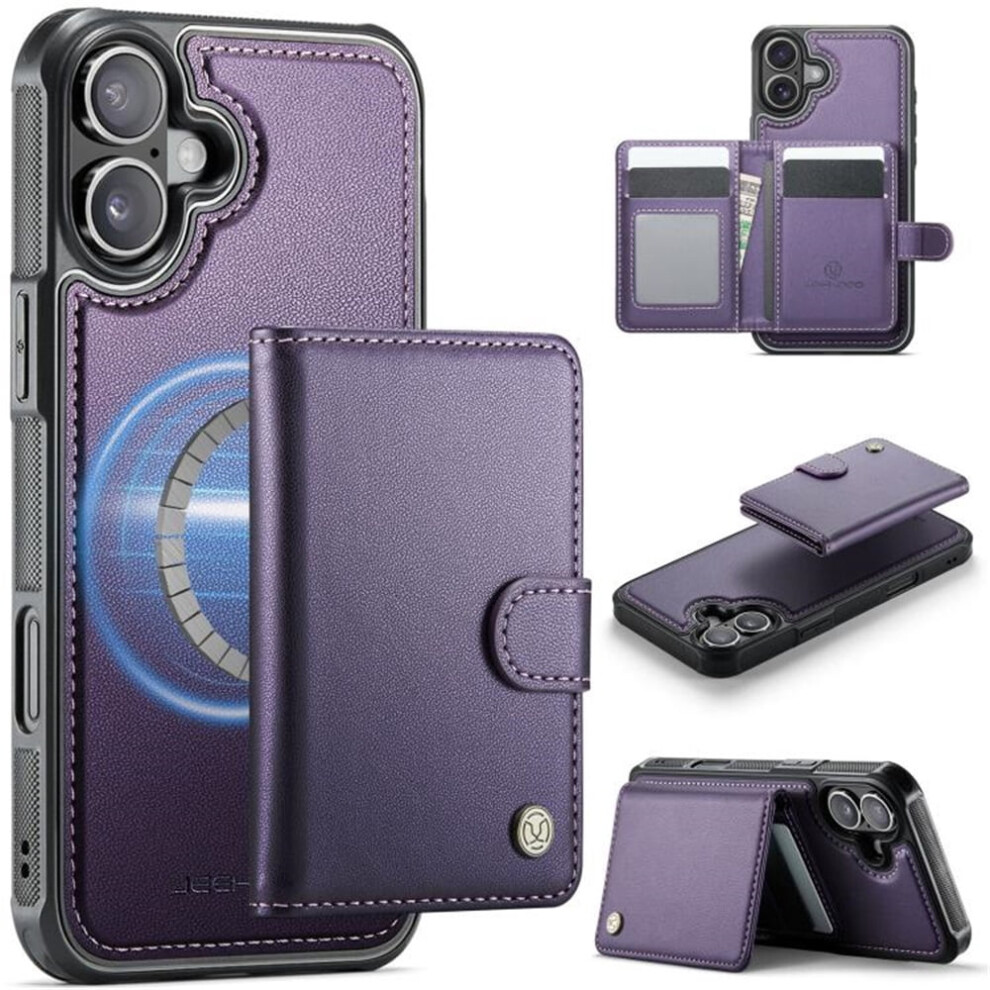 Jeehood Case For Iphone 16: Rfid-Blocking, Magsafe-Compatible 2-In-1 Wallet With Kickstand, Pu Leather, Purple 9152228488557