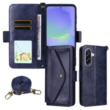 Vintage skinnlommebokdeksel til Samsung Galaxy A56 5G – støtsikker, flere kortspor, skjult knappelomme, avtakbar stropp, blå