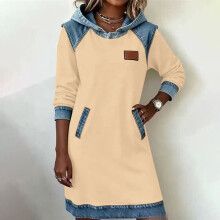 Gelbes Damen-Sweatshirtkleid aus Denim mit Patchwork-Muster, langärmelig, mittellang mit Taschen – perfekt für lässige Herbst-/Winterkleidung