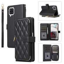 Portemonneehoesje compatibel met Samsung Galaxy A12 4G/5G, 6,5 inch, pols-/schouderband, 9 kaartsleuven, ritssluiting, luxe leren standaard, zwart
