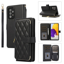 Portemonneehoesje voor Samsung Galaxy A72 5G, 6,7 inch, met pols-/schouderband, 9 kaartsleuven, ritsvak, luxe leren standaard, geruit design, zwart