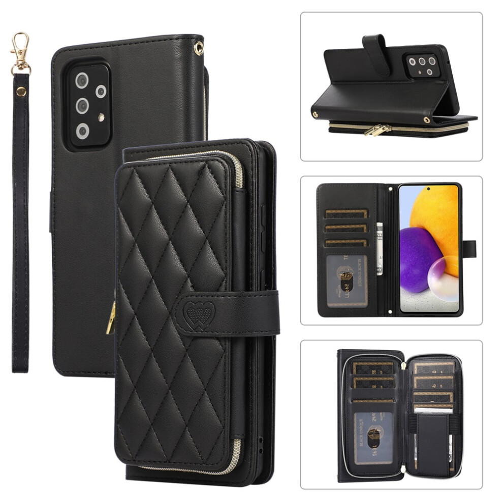 Wallet Case For Samsung Galaxy A72 5G, 6.7", With Wrist/Shoulder Strap, 9 Card Slots, Zipper Purse, Luxury Leather Stand, Checkered Design, Black 9130661882576