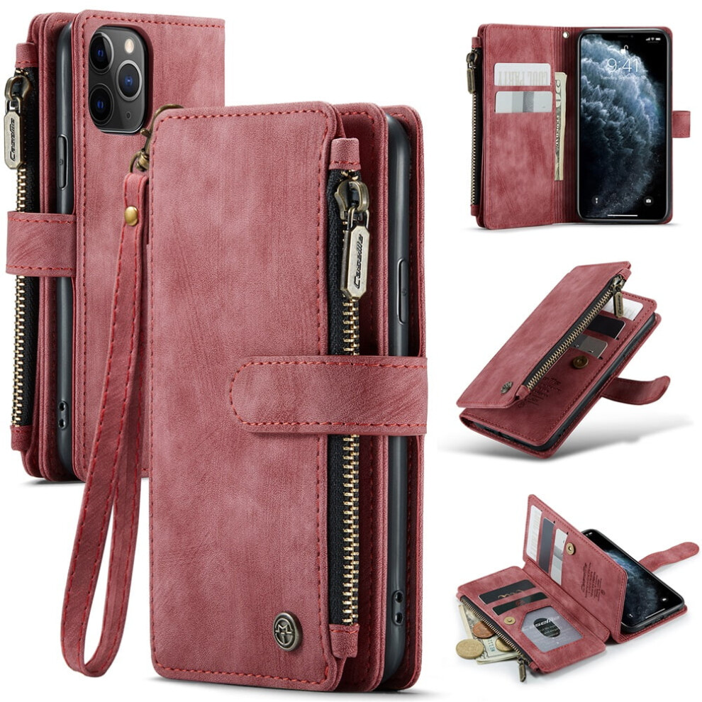 Caseme Wallet Case For Iphone 11 Pro (5.8") Â Pu Leather, Magnetic Flip, Lanyard Strap, Zipper Card Holder, Red 9130661882200