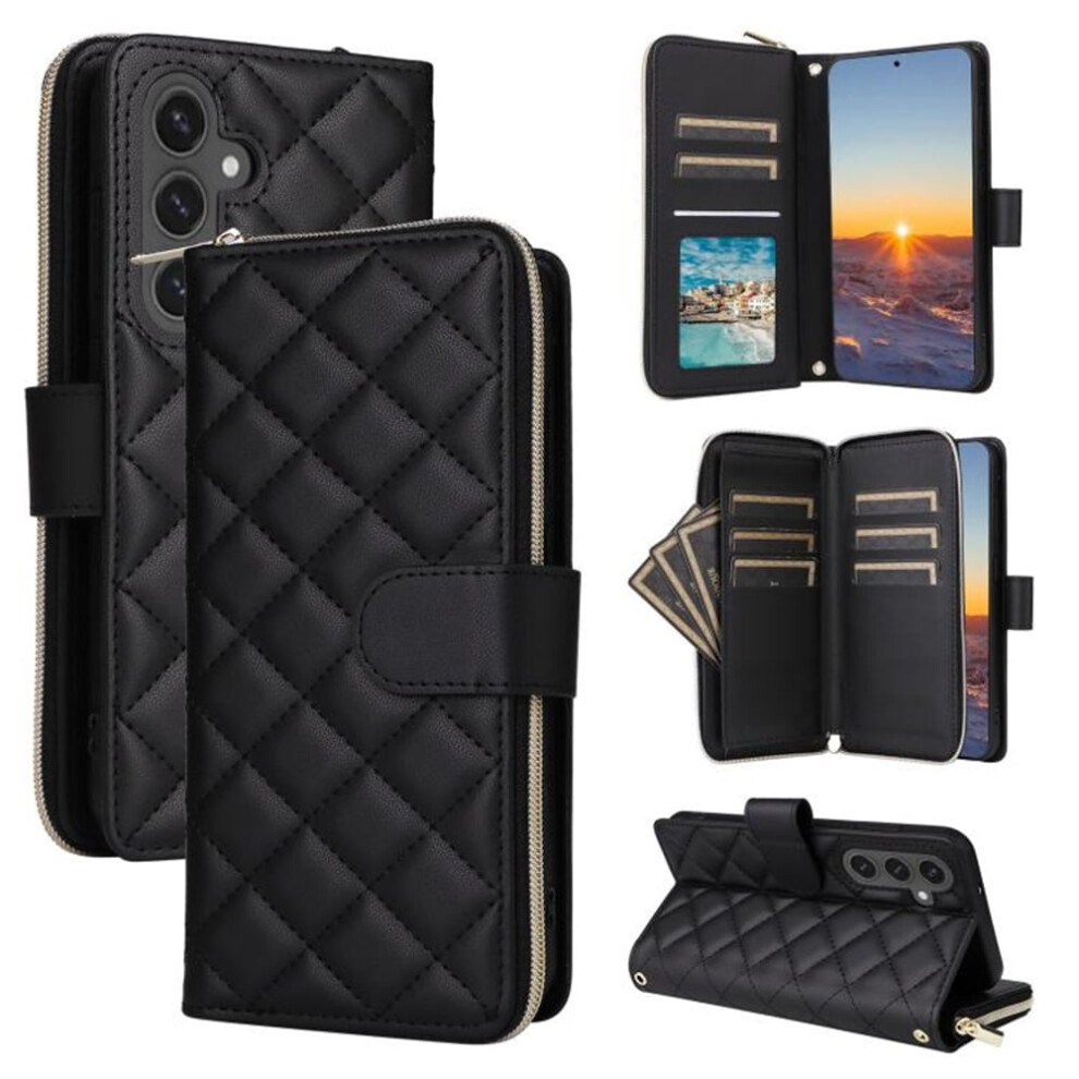 Magnetic Flip Wallet Case For Samsung Galaxy S25 Fe 5G Â 9-Card Slots, Zipper Pocket, Detachable Shoulder & Wrist Straps, Black 9130661881975