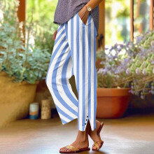 Women's striped print pants elastic waist straight leg with