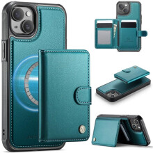 JEEHOOD hoesje voor iPhone 14: RFID-blokkerend, MagSafe-compatibel, 2-in-1 portemonnee met klikkaarthouder, PU-leer, standaard, blauw