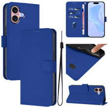 Portemonneehoesje van PU-leer, compatibel met iPhone 16 – magnetische flip-folio, 3 kaartsleuven en polsbandje, donkerblauw