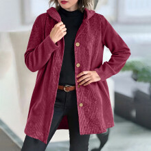Giacca da donna in velluto a coste a maniche lunghe con cappuccio, vestibilità ampia, casual, tinta unita, in misto cotone ed elastan, ideale per