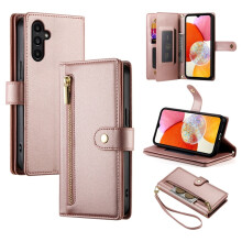 Roze leren portemonneehoesje voor Samsung Galaxy A14 5G/4G (6,6 inch), met meerdere kaartsleuven, ritsvak, draagkoord en polsbandje – compatibel