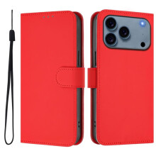 Portemonneehoesje van PU-leer met magnetische sluiting, 3 kaartsleuven en polsbandje, rood – compatibel met iPhone 17 Pro
