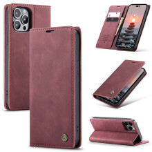 CaseMe skinndeksel med flipp for iPhone14Pro – magnetisk, støtsikker, støtte, kortholder, vinrød