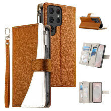 Compatibel met Samsung Galaxy S24Ultra5G: Flip-wallet van PU-leer met meerdere kaartsleuven, magnetische sluiting en ophangkoord – Bruin