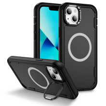 iPhone 13 hoesje met standaard, MagSafe-compatibel, robuuste valbescherming van militaire kwaliteit, ingebouwde metalen camerastandaard, zwart