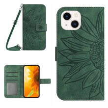 Flip-wallet van PU-leer met zonnebloemreliëf, magnetische sluiting, kaartsleuven en ophangkoord – Groen, compatibel met iPhone 15 Plus