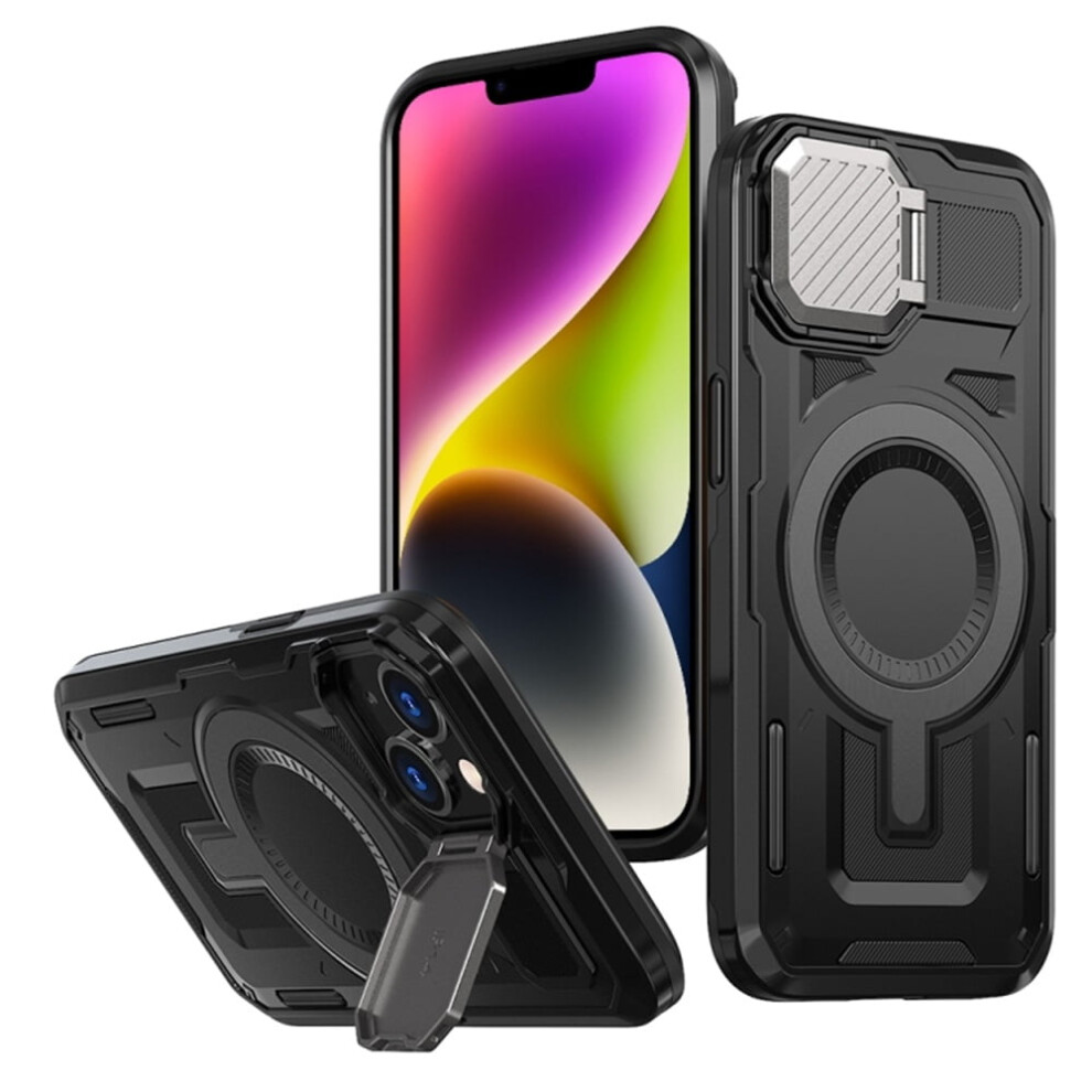 Rugged Magsafe Case For Iphone 14 Plus 6.7" – Military-Grade, Adjustable Metal Lens Cover & Stand, Black 9130661884174