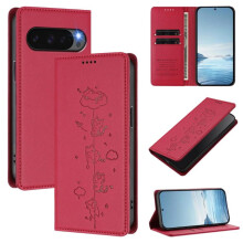 Leren flipcase voor Google Pixel 10 Pro XL / Pixel 9 Pro XL – RFID-blokkering, kattenreliëf, magnetische sluiting, rood
